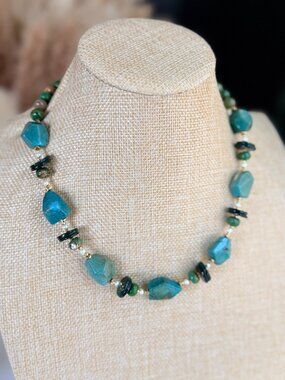 Natural Turquoise Statement Necklace Blue Green Stone Unisex